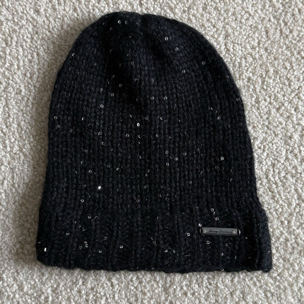 Harley-Davidson Womens Knit Winter Black Sequin Beanie Hat Cap with Silver Logo